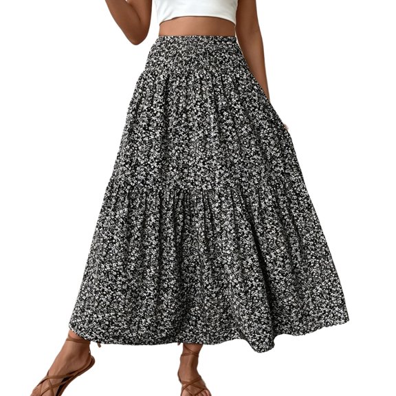 Women's Elegant Floral Layered Midi Skirt with Delicate Florals Lightweight Flowing A Line Design Black L