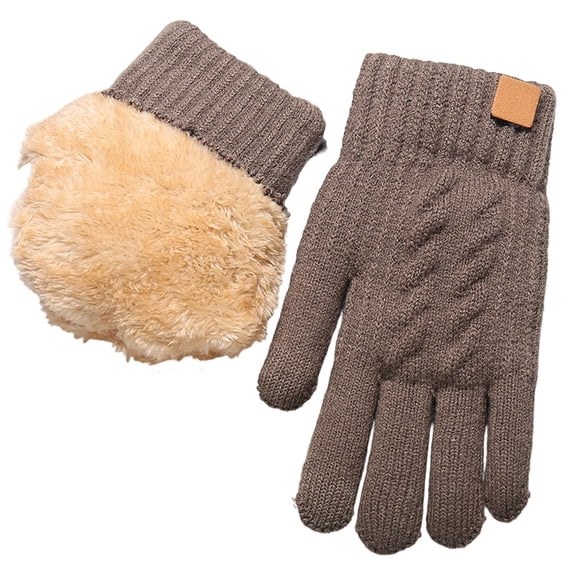 Fgnfyis Winter Gloves for Men Winter Thermal Lined Double Layer Knit Touchscreen Leather Patch Cold Weather Warm Mittens Khaki