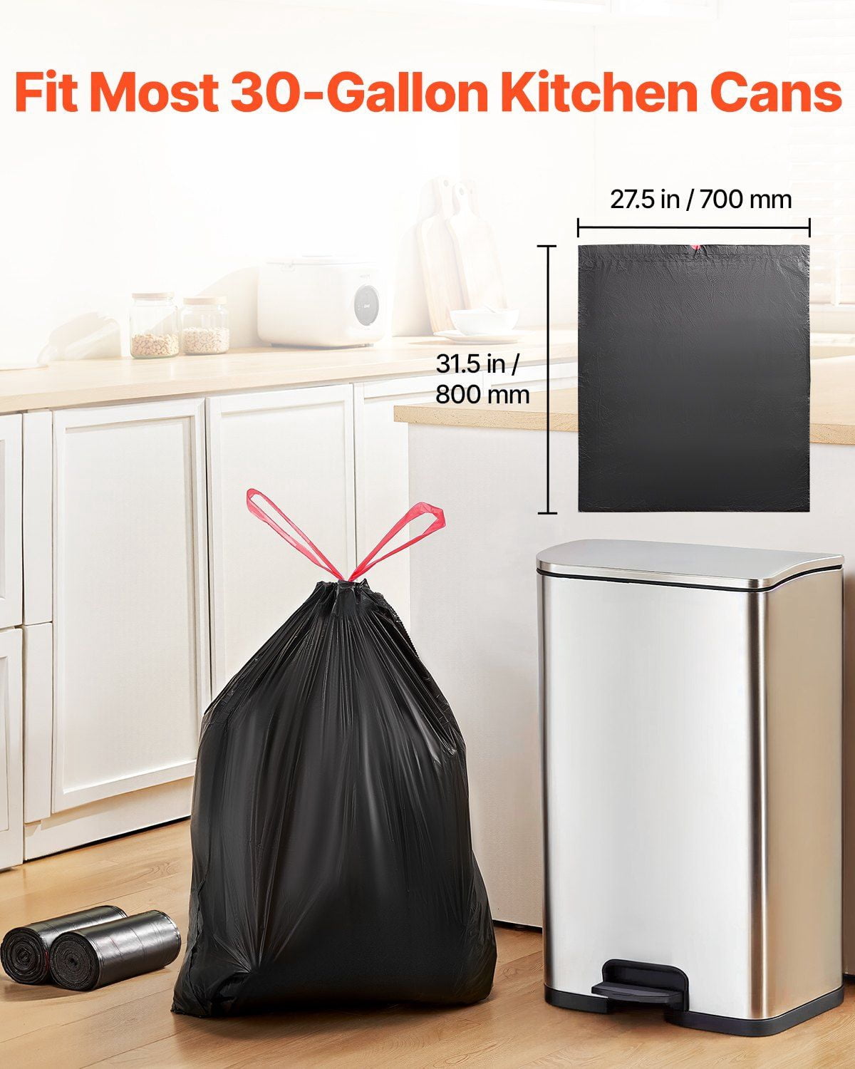 30 Gallon Drawstring Trash Bags, 50 Count Tall Kitchen Trash Bags, Extra Thick 0.98 MIL Heavy Duty Garbage Bags, Leak-Resistant Recyclable Bin Bags with Strong Handles for Home, Office, RV