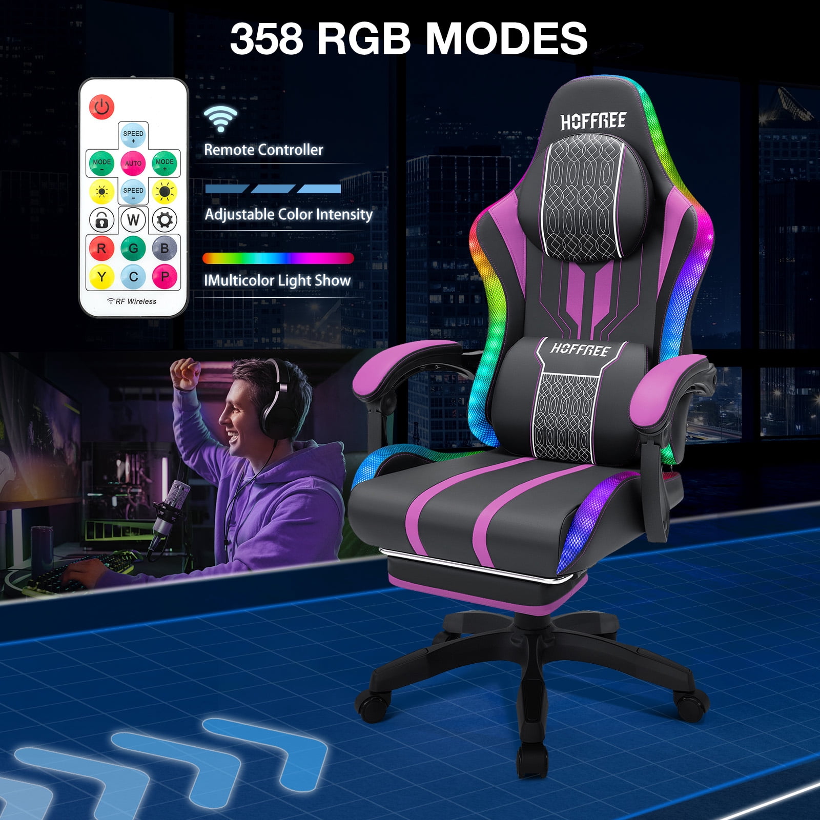 Hoffree Gaming Chair with Speakers Big and Tall Office Chair with Footrest Heavy Duty Gamer Chair with Lumbar Support Height Adjustable 360-Swivel Seat and Headrest for Adults, 400lbs