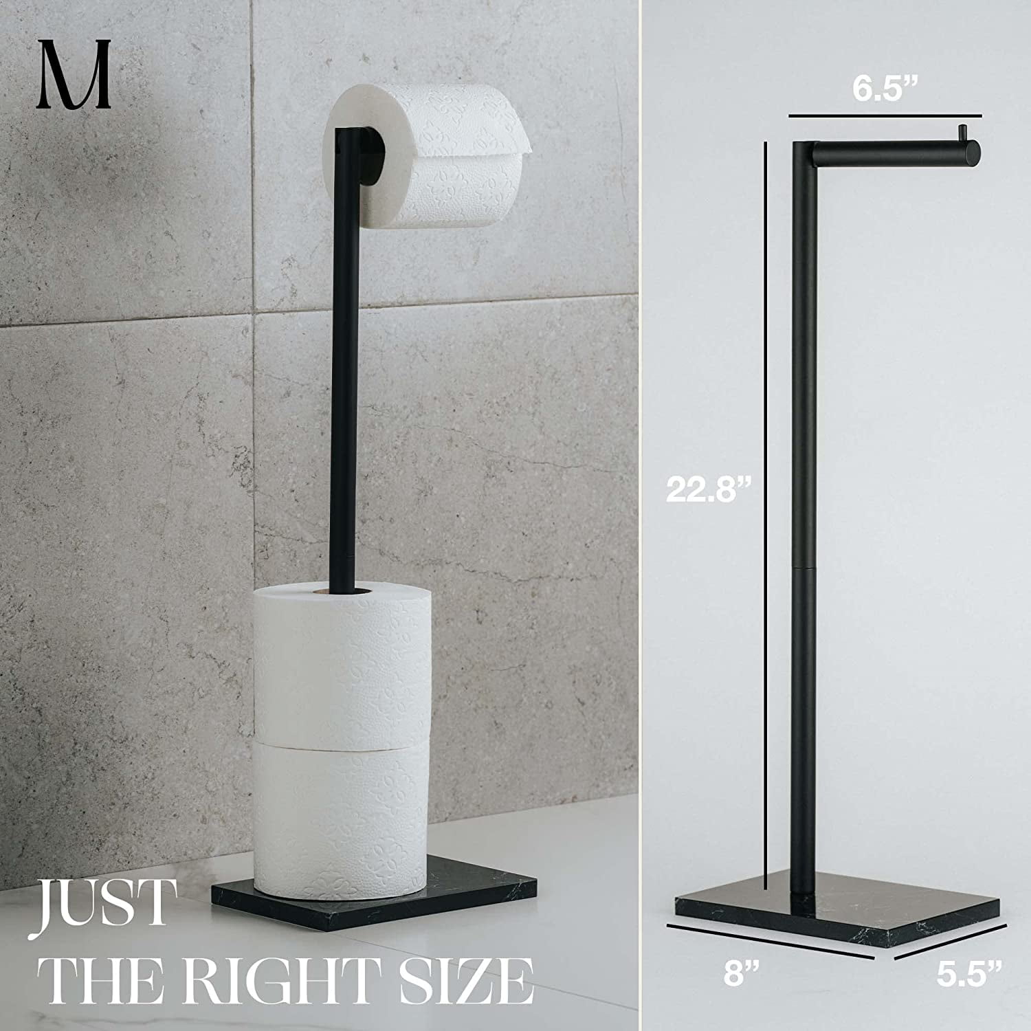 Marmolux Acc Matte Black Free Standing Toilet Paper Holder with Weighted Black Marble Base Storage