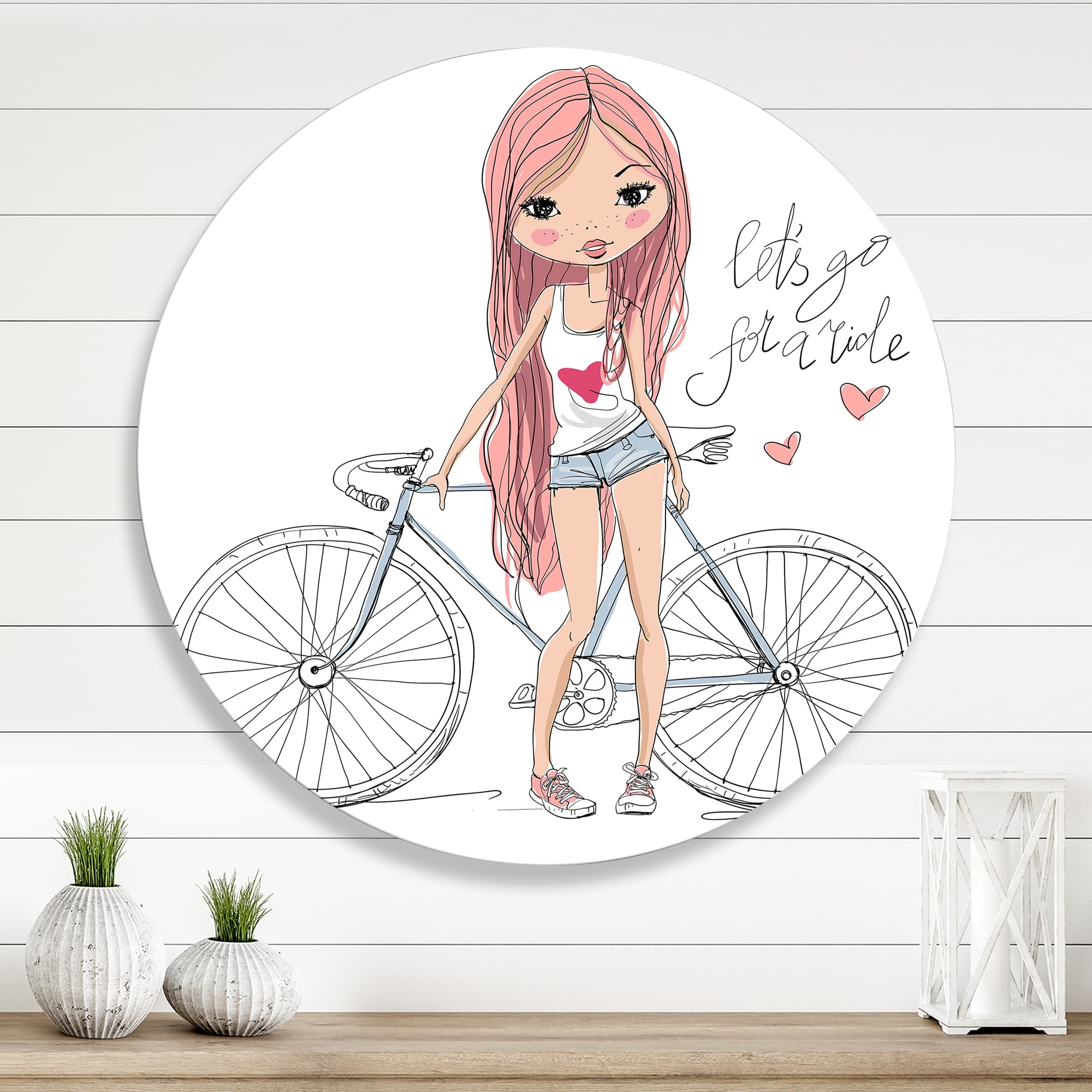 Designart 'Young Woman With Bicycle' Children's Art Circle Metal Wall Art 11x11 - Disc of 11