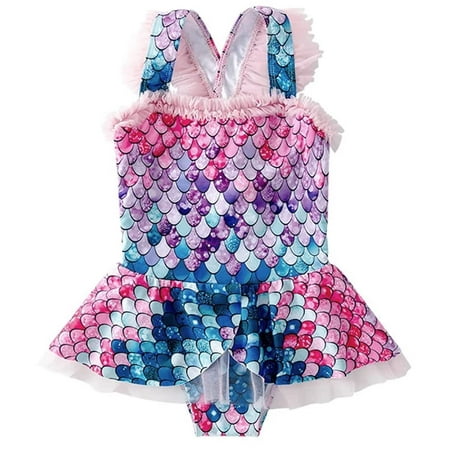 

stylesilove Toddler Kid Girls Mermaid Tulle Ruffled Skirt One-Piece Swimsuit Multicolor Fish Scale Bathing Suit Beach Swimwear (2-3 Years)