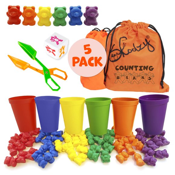 Skoolzy 60 ositos contadores de arcoíris, paquete de 5, ositos de peluche con 6 vasos clasificadores de colores, juegos de matemáticas, juguete de dados, pinzas Montessori y 2 bolsas de almacenamiento