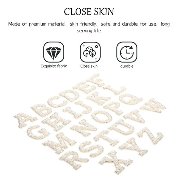 HOOWIFFY White Iron-On Letter Patches with Decorative Embellishments for Clothing, 26-Piece Polyester Set for Fashion