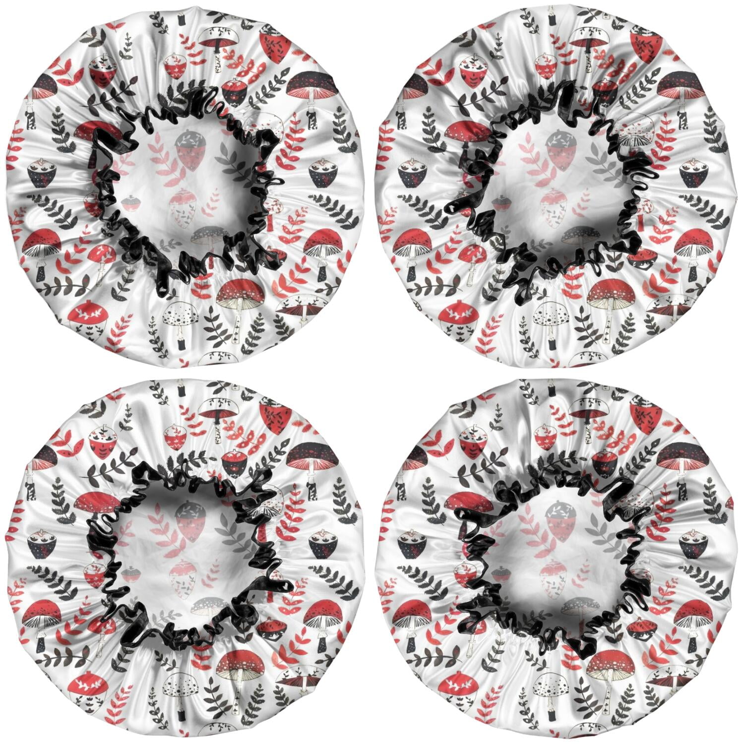 Shower Caps,Colorful Mushroom Floral White Pattern Waterproof Shower Cap for Women 4 Pieces,Double Reusable Hair Cover for Shower PEVA Elastic Stretch Hem