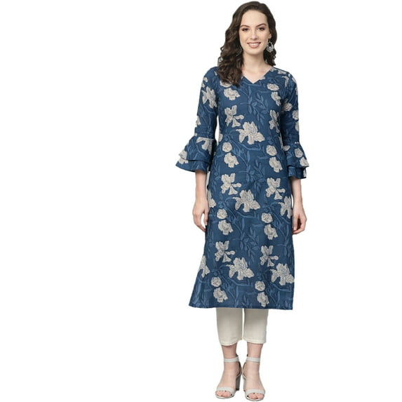 Women Kurta/Kurti Cotton Floral Print Dress Tunic Dress, Color: Blue, Size: 5XL