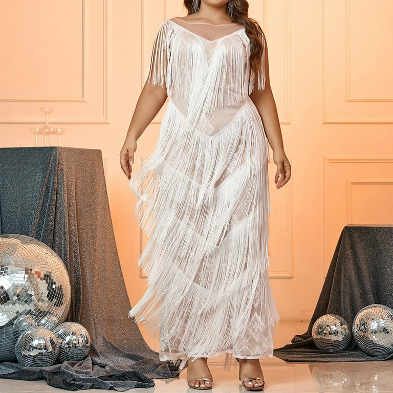 Uppada Womens Plus Size Layered Fringe Dress Deep V Neck Cami Mini