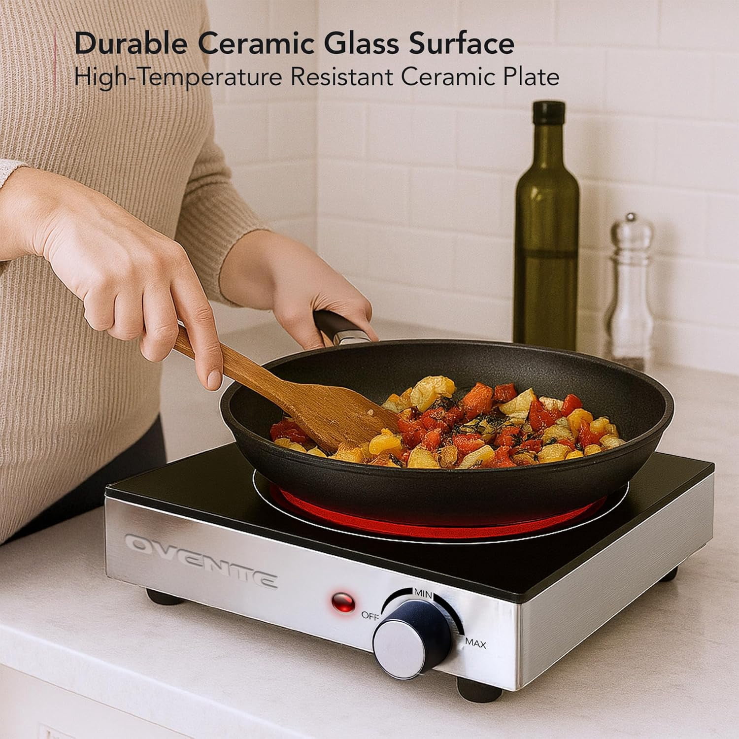 OVENTE Infrared Ceramic Single Burner, 1200W Electric Countertop Hot Plate with Black Crystalline Glass, Portable Stainless Steel Cooktop for Home, Office, or Dorm Use, Black BGI301GB
