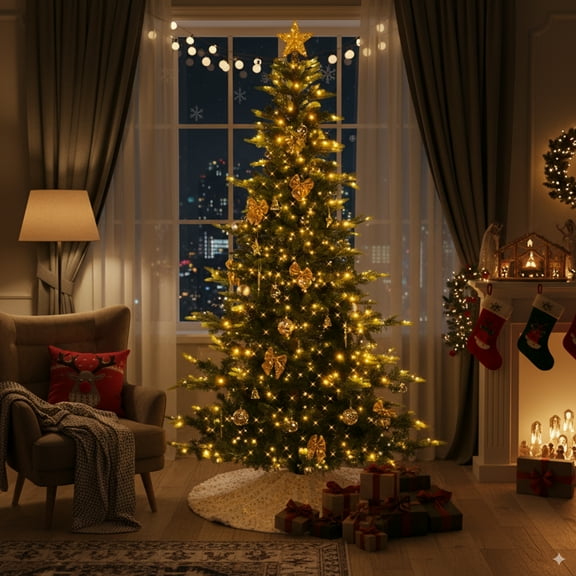 Zimtown 7.5Ft Christmas Tree Artificial Tree with Bows,Ball Ornaments,400 Lights,8 Modes 1000 Branches