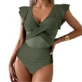 thumbnail image 2 of LYMAYTER Womens One Piece Swimsuit Slim V Neck Bathing Suit Ruffle Sleeve Beachwear Swimwear S-2XL, 2 of 10