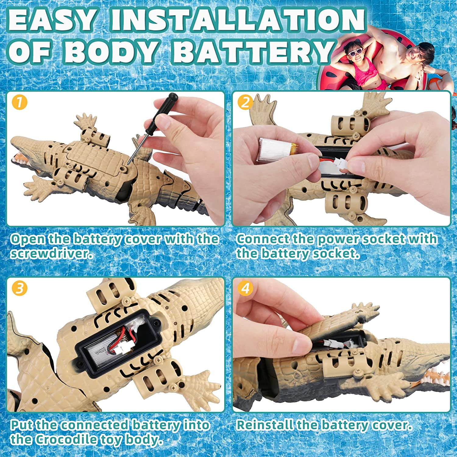 SSAWcasa 2.4GHz Remote Control Crocodile Toy, RC Crocodile with Glowing Eyes Simulated Alligator RC Boat Toys for Kids Aged 6+ (Black)