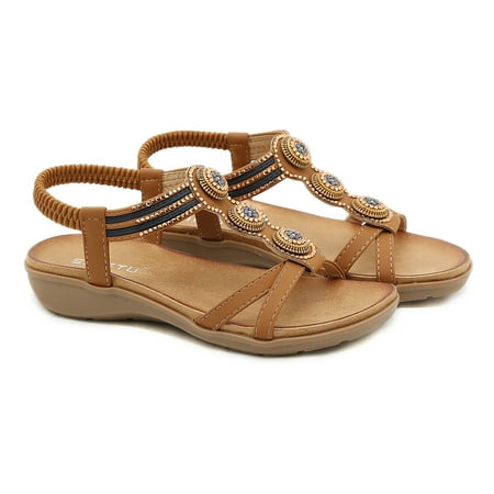

Women‘s Low Wedge T-strap Sandals Boho Style Open Toe Elastic Strap Slip On Shoes Casual Outdoor Shoes
