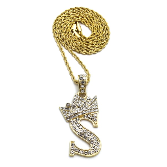 Stone Stud Allover Tilted Crown Initial S Pendant w/ 2mm 24" Rope Chain Necklace, Gold-Tone