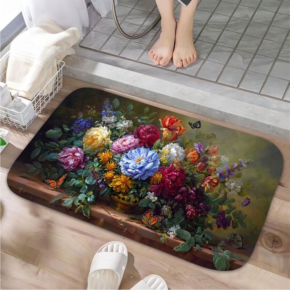 1pc Bouquet of Flowers Absorbent Non-Slip Bathroom Thickened Flannel Rug Decor,Soft,Quick Drying,Suitable For Indoor/outdoor Use,Bathrooms,Bedrooms,Kitchens,Terrace,Laundry Rooms,16"x24"