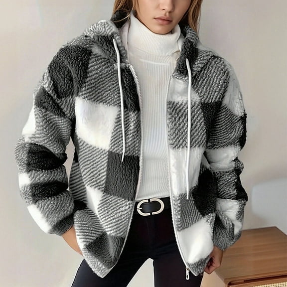 JIAYUE Womens Outerwear Jacket Coat Plaid Long Sleeve Relaxed Fit Zipper Snug Warmth Hooded Sherpa For Women Casual Dailywear