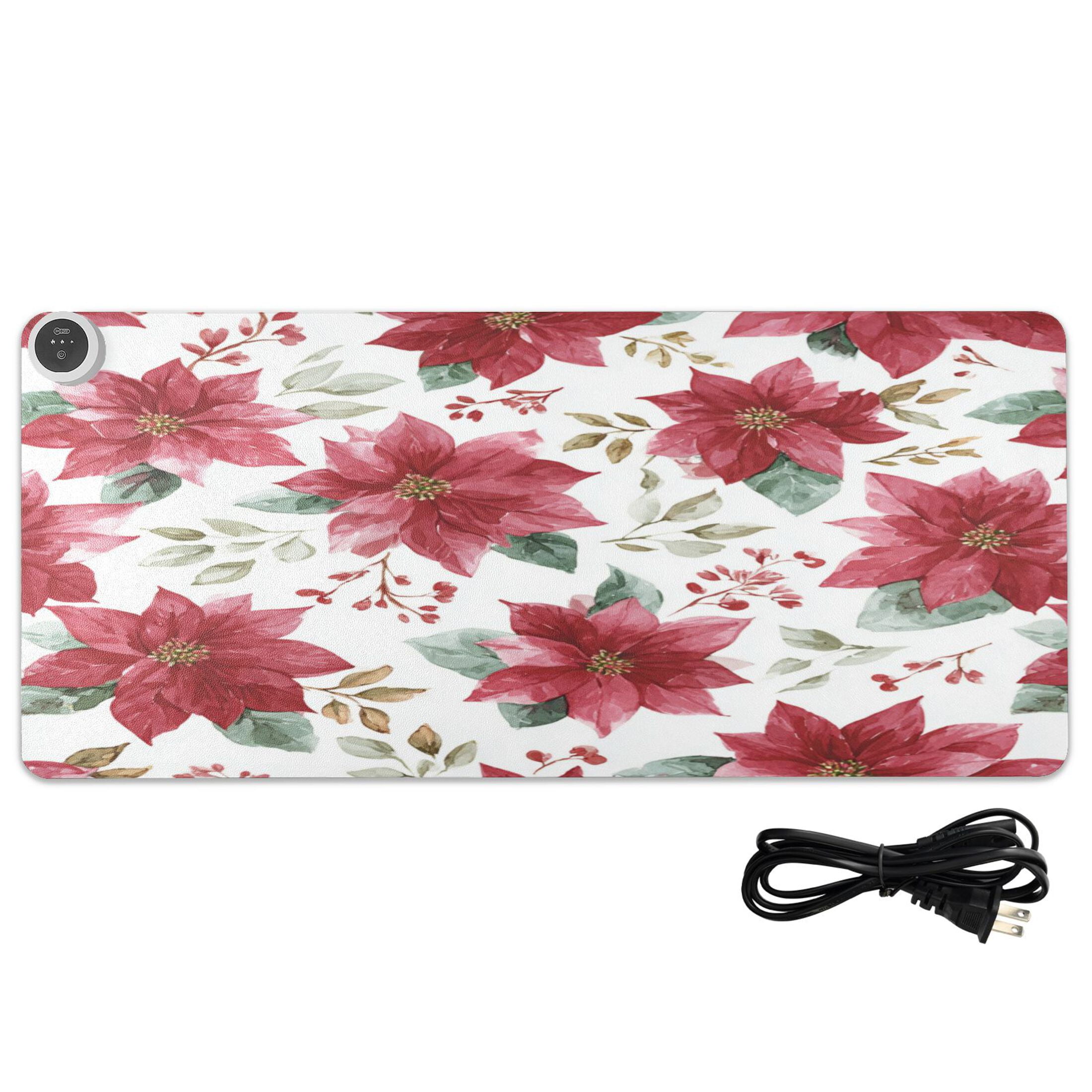 Wobogo Poinsettia Flowers Heated Mouse Pad Extra-Large Desk Mat With 3 Heating Levels and 3-hour Auto Shut-Off Protection Ideal for Computer Keyboards Home Office Hand-warming Essential 31.5in × 13in