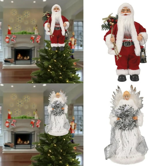 Christmas Decoration Christmas Tree Topper 13.19×10.63 inch Plush Santa Claus & Angel Figurines with Glitter Wings Tree Topper Christmas Tree Ornaments for Home Winter Holiday Decor