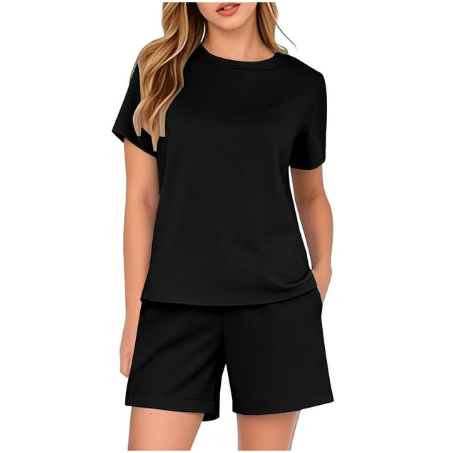 GreatBaby Women's Spring and Summer Casual Solid Color Short Sleeved Shorts Two Piece Set Lightweight Breathable Fashion Set