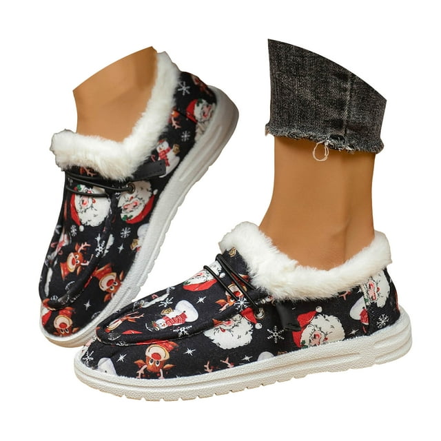 Leozcaa Ankle Boot for Womens Winter Christmas Loafer Boot Flat Fluffy Lining Anti Slip on Short Booties