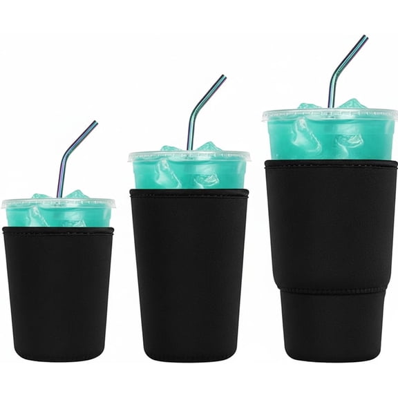 3 Pack Black Reusable Iced Coffee Sleeves - Insulator Sleeve for Cold Beverages
