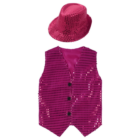 Aislor Kids Boys Girls Hip-Hop Street Dance Shirt Sequined Vest Dance Wear Waistcoat with Hat 9Months-18 Rose 9-12 Months
