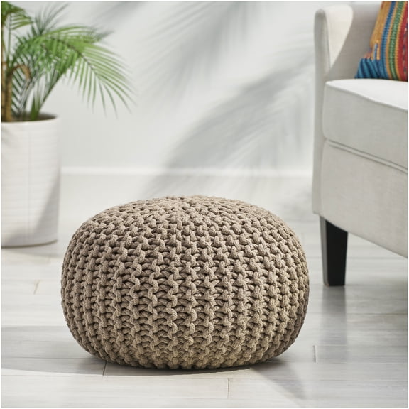 JERFIT 20 Inch Round Knit Pouf Ottoman, Brown Handwoven Cotton Footrest Stool for Living Room, Nursery Accent Seating
