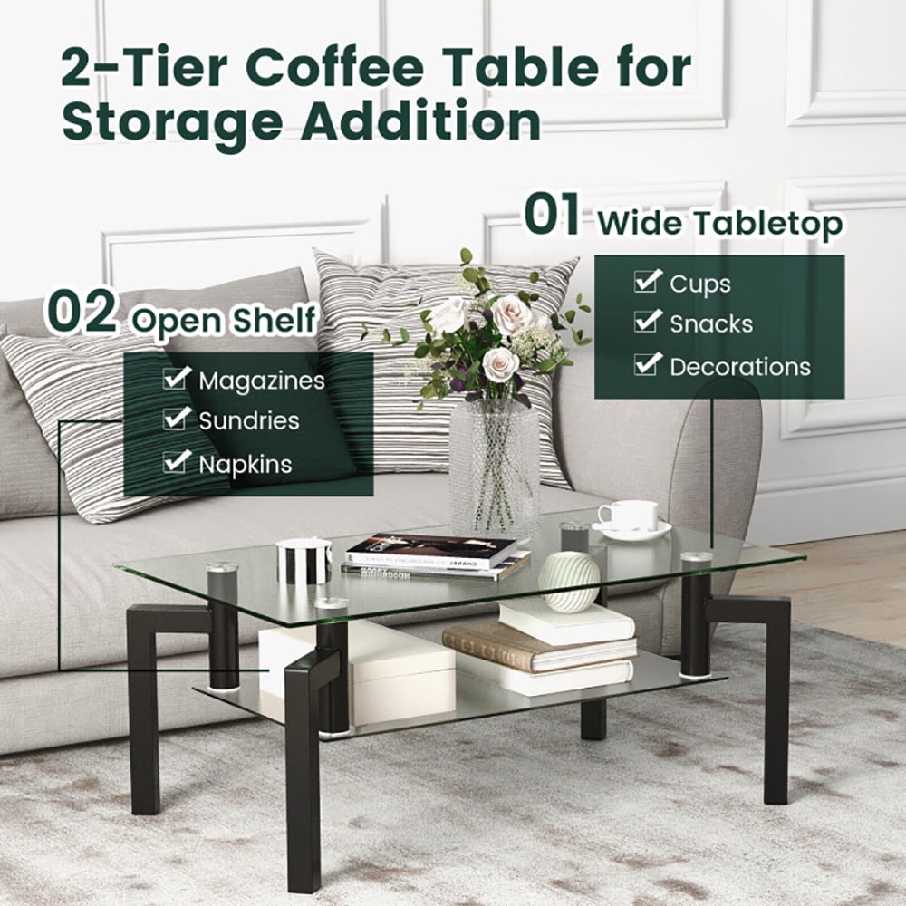 Finihen Coffee Table, Glass Coffee Table, 2-Tier Rectangular Glass Coffee Table with Metal Tube Legs, for Living Room, Reception Room, Black Finihen Coffee Table, Glass Coffee Table, 2-Tier Rectangular Glass Coffee Table with Metal Tube Legs, for Living Room, Reception Room, Black