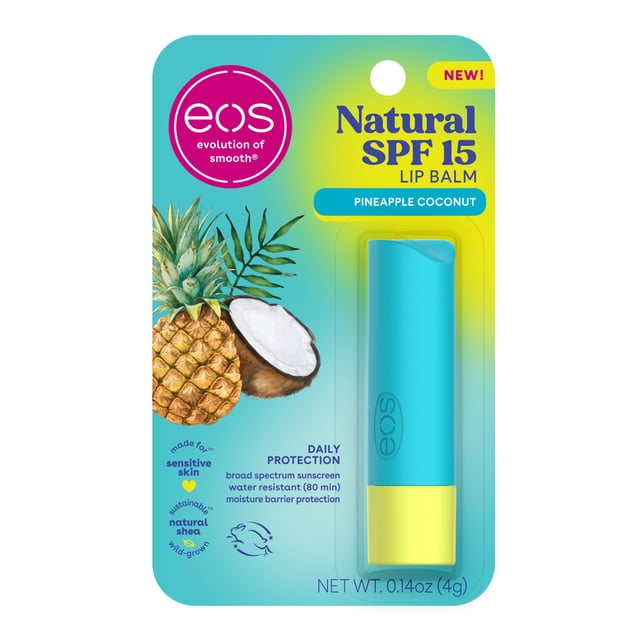 Bálsamo labial eos Natural SPF 15, piña y coco, resistente al agua