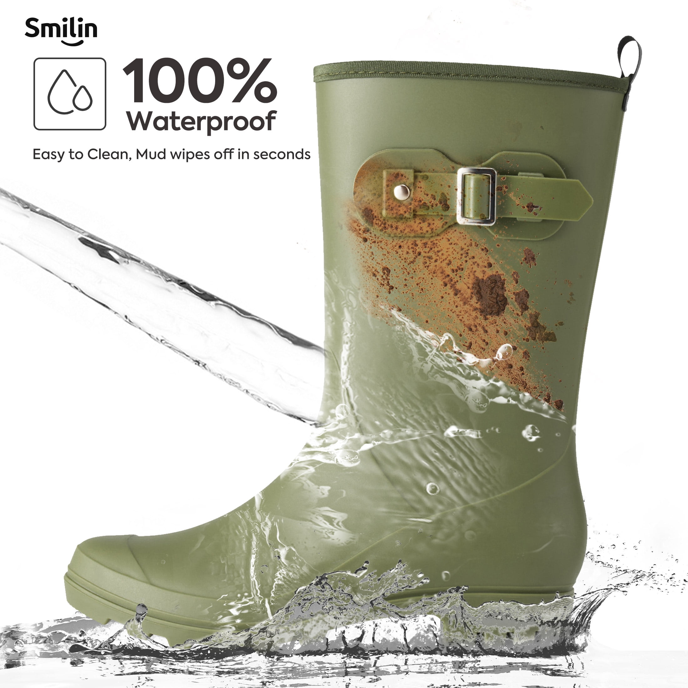 SMILIN Wellington Wide Calf Rubber Rain Boots for Women Olive Green Size 8