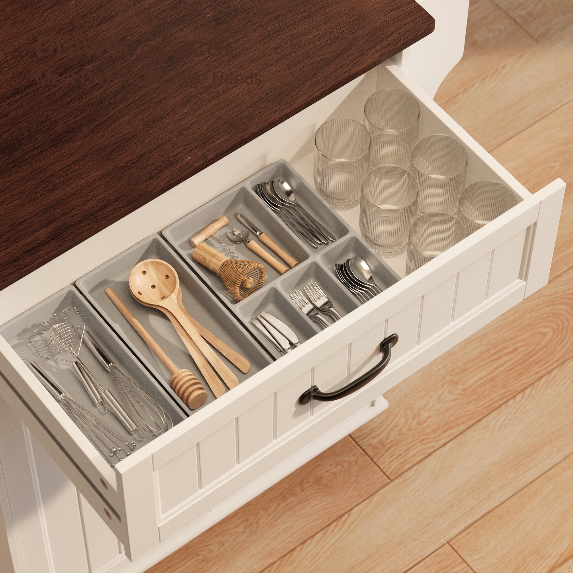 Kitchen Island Cart with Storage, Lofka Microwave Stand with Spice Rack, Towel Rack, Adjustable Shelf, 1 Drawer, White+Retro Desktop
