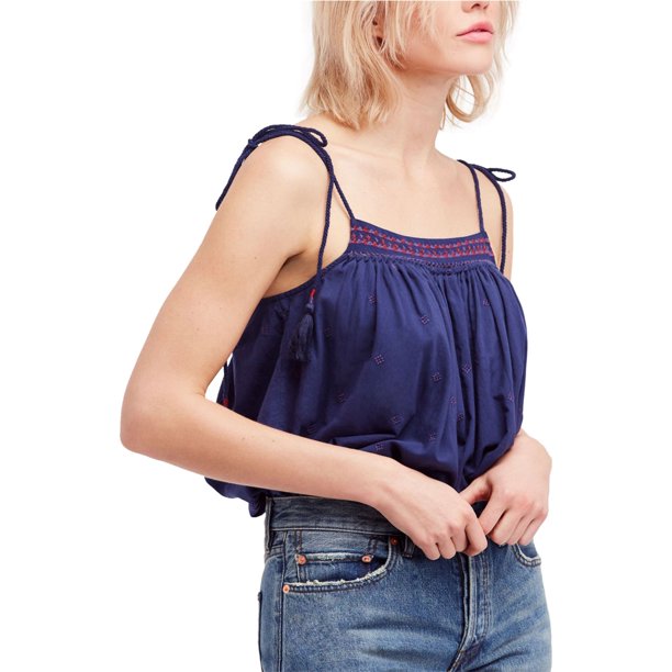 Free People - Camiseta sin mangas bordada para mujer, azul, grande