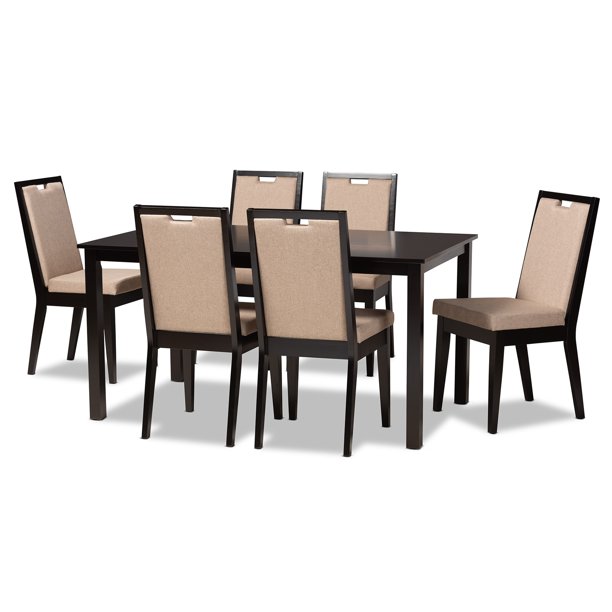 Baxton Studio Rosa Juego de comedor de 7 piezas moderno y contemporáneo tapizado en tela arena y madera con acabado en marrón oscuro Baxton Studio Rosa-Sand/Dark Brown-7PC Dining Set