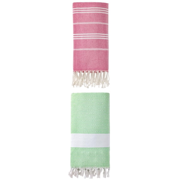 Unique Bargains 2Pcs Quick Drying Striped Towel Rose Red Green 71" x 35"/71" x 40"