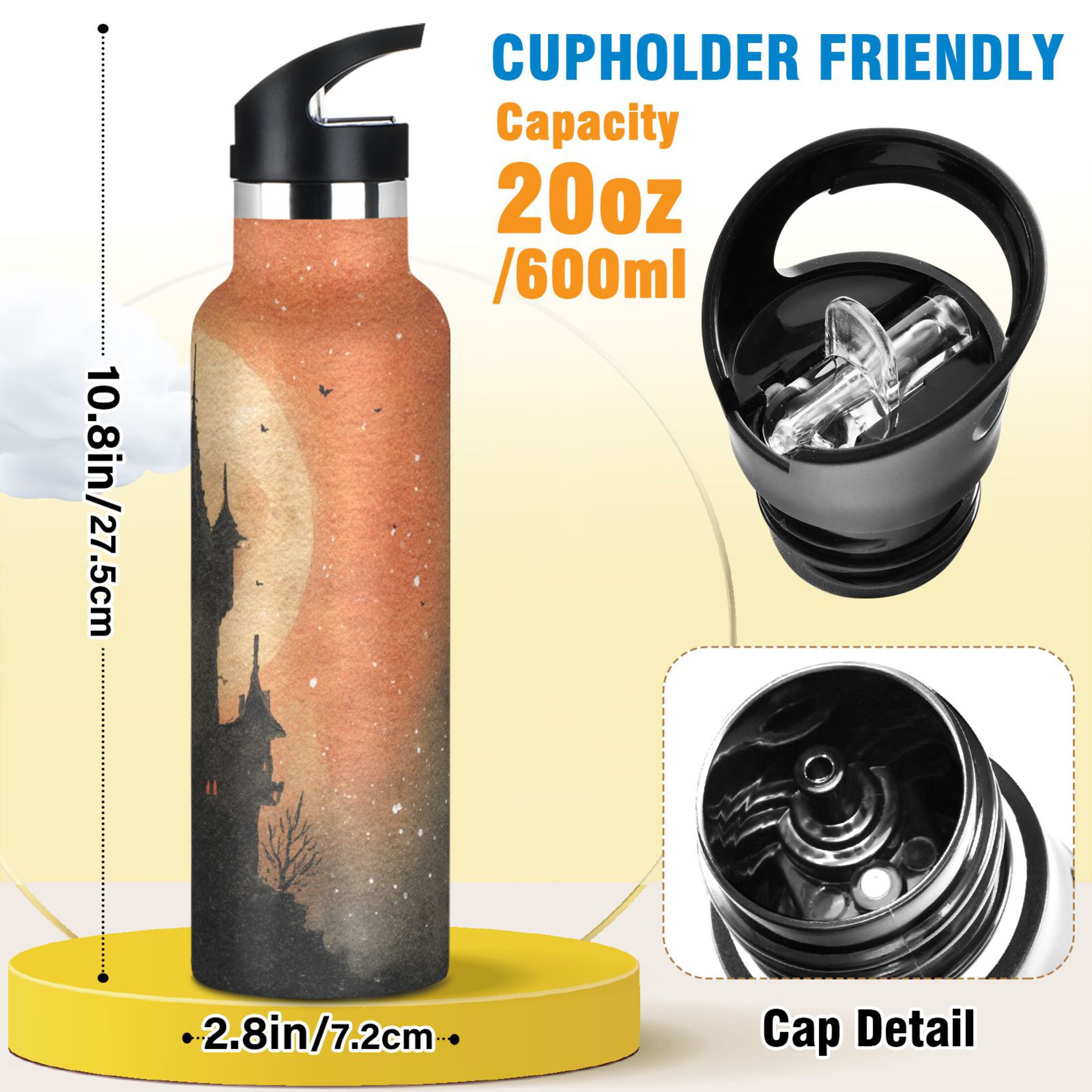 600ML Stainless Steel Insulated Cup Sports Water Bottle Portable Thermos Cup Water Glasses Insulated Tumblers Convenient and Durable Watercolor Halloween Castle