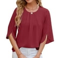 thumbnail image 2 of Women'S Casual Chiffon Blouse Tops 1/2 Ruffled Sleeve Crew Neck Loose Fit Blouses Shirts Wine Red XXL, 2 of 9