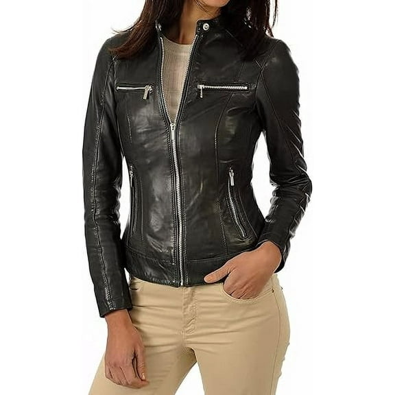 HOT! Women's Genuine Black Lambskin Leather Jacket Slim Fit Biker jacket Coat W728