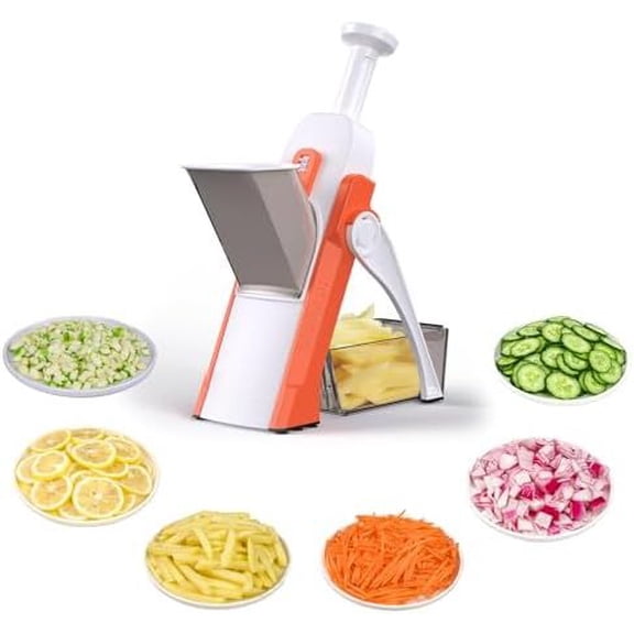 Safe Mandoline Slicer 5 in 1 Vegetable Cutter, Strips Julienne Dicer Adjustable Thickness 0.1-8 mm for Kitench Fast Meal Prep (Orange)