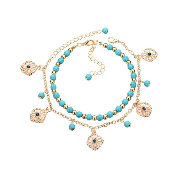 Conjunto de 2 tobilleras con flecos de cuentas turquesas, tobilleras de playa, joyas, tamaño de tobillera