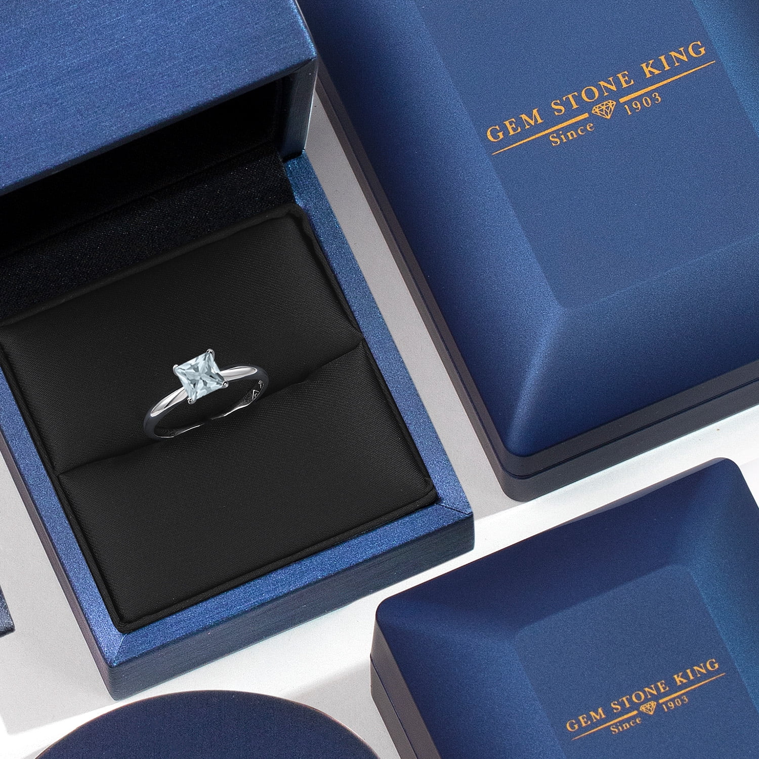Gem Stone King 10K White Gold Sky Blue Aquamarine Engagement Ring for Women | 0.50 Cttw | Princess 5MM | Gemstone March Birthstone | Size 8