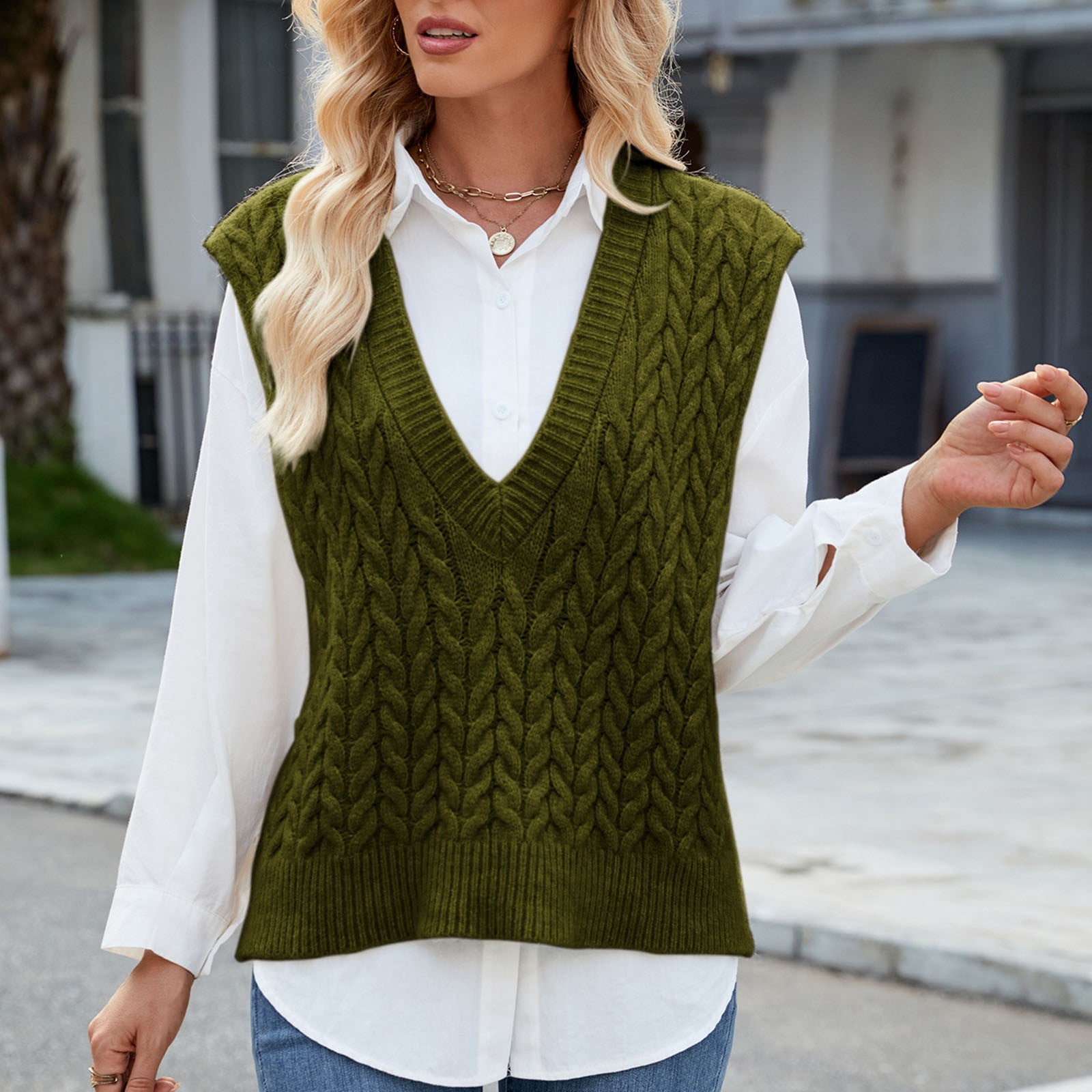 Olyvenn Women Loose V-Neck Sweater Vest, Sleeveless Cable Knit