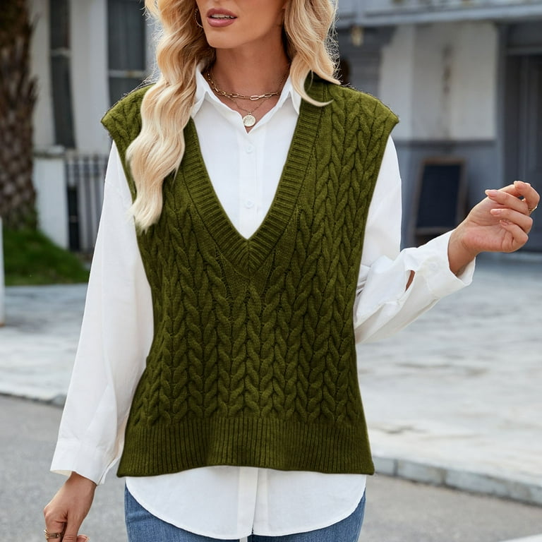 Meichang Cable Knit Sweater Vest Women V Neck Sleeveless Pullover