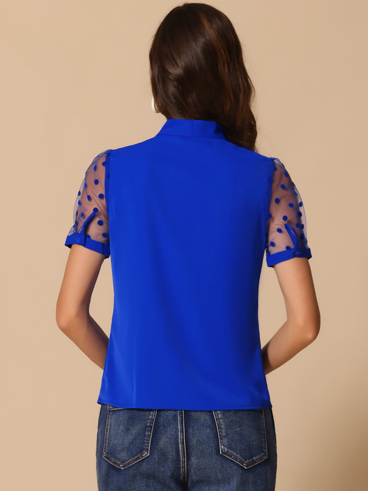 DARING DIVA V Neck Stand Collar Short Mesh Sleeve Blouse S Royal Blue