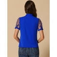 thumbnail image 4 of DARING DIVA V Neck Stand Collar Short Mesh Sleeve Blouse M Royal Blue, 4 of 6