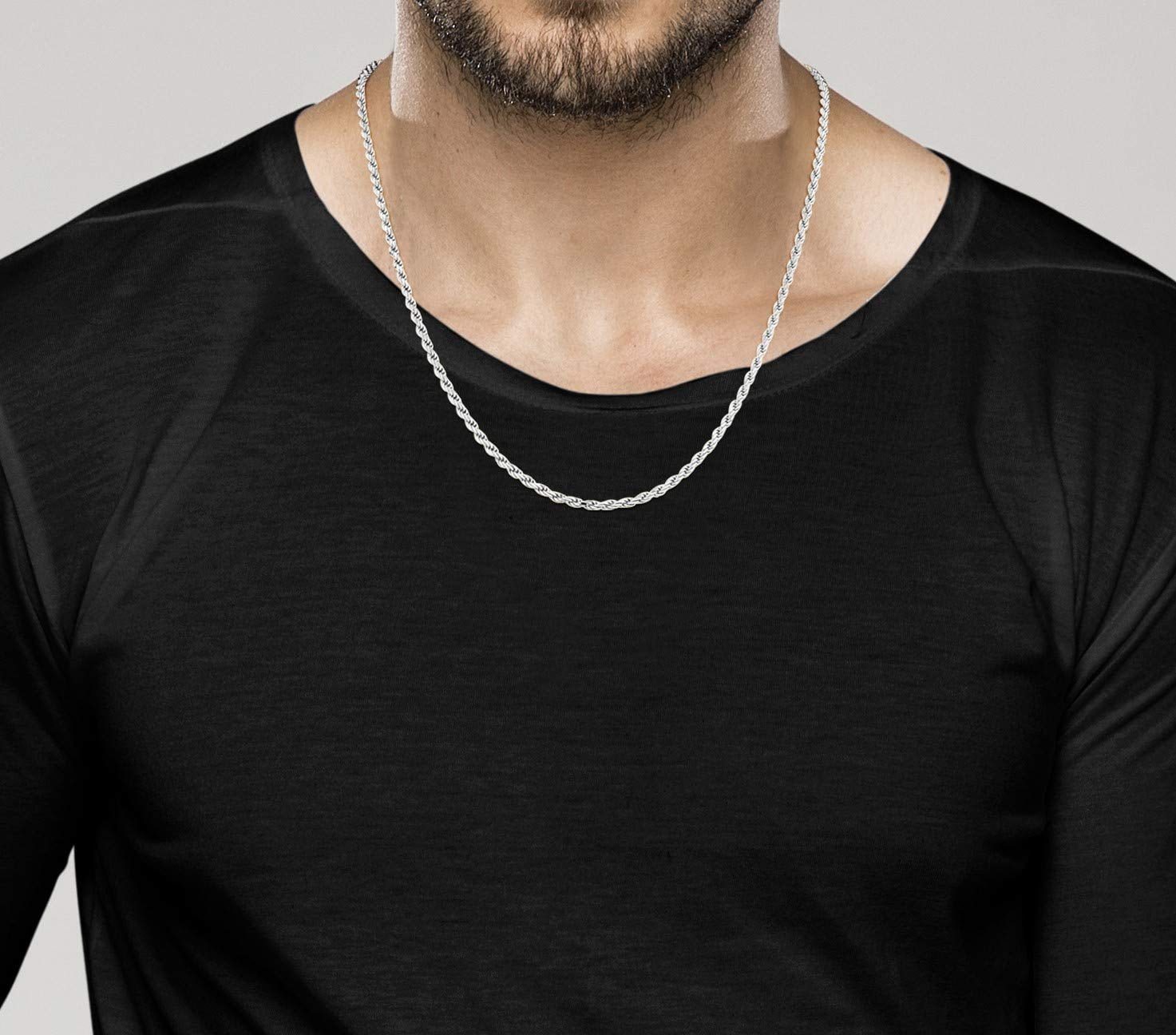 Miabella Solid 925 Sterling Silver Italian 3mm Diamond-Cut Braided Rope Chain Necklace for Men Women, 925 Sterling Silver Made in Italy (Length 22 Inches (men's average length))