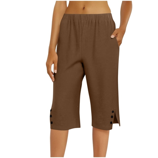 Womens Tops Spring Fall Clothes 2025 Shirts Loose Festival Tops Summer Linen Solid Color Loose Straight Leg Pants With Pockets Side Slit Buttons Five Quarter Pants Plus Size Tops For Women Summer