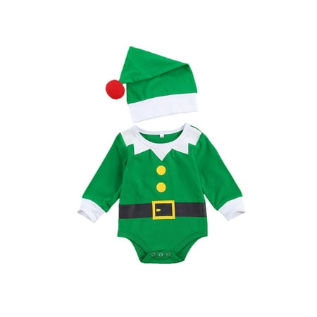 

Loliuicca Newborn Baby Girls Boys Elf Outfit Xmas Bodysuit Outfit with Hat One-Piece Pajamas Xmas Gift