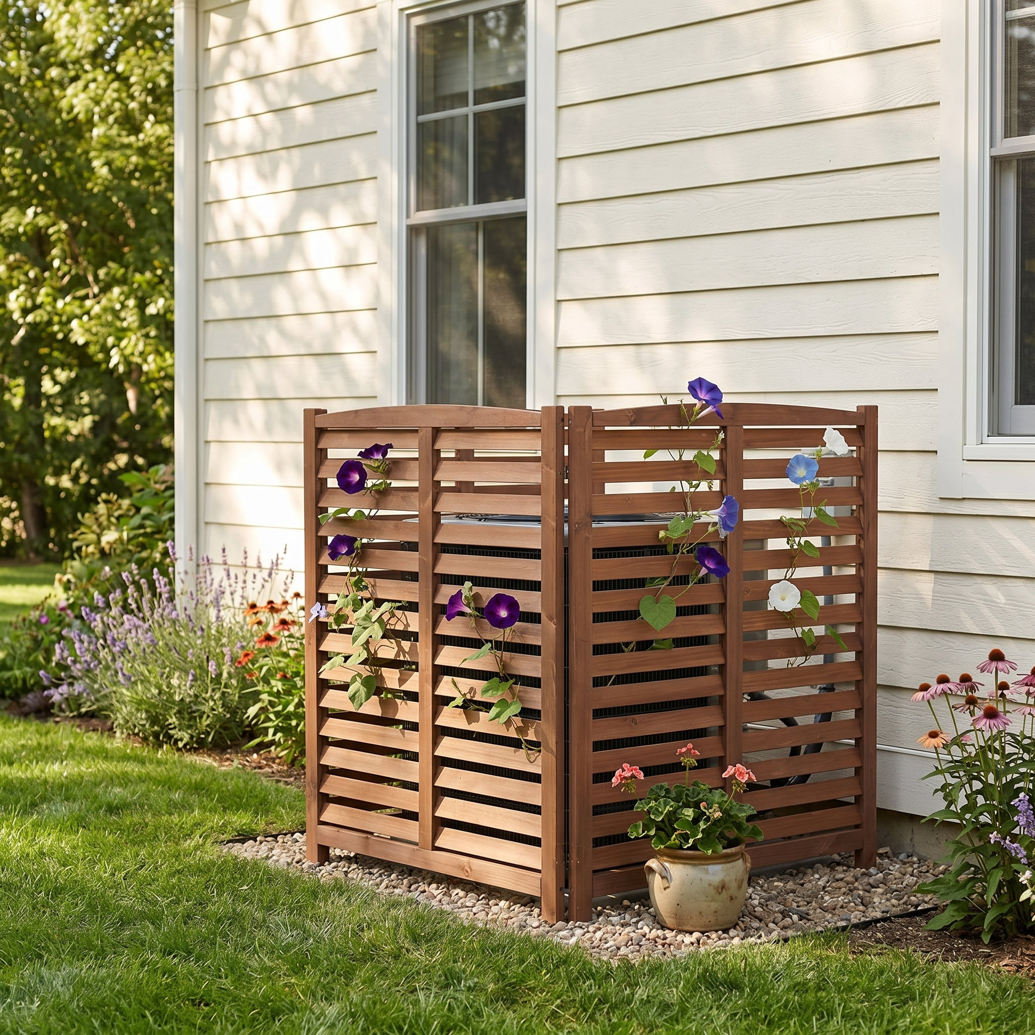 3-Panel Solid Wood Privacy Screen Fence 32×38 Inch, Outdoor Freestanding Air Conditioner Enclosure with Slatted Ventilation for Trash Can Pool Pump Garden Decor