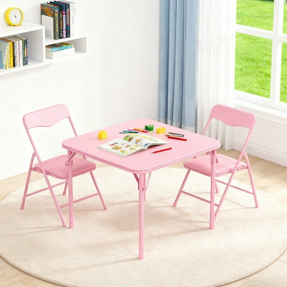 UBesGoo 3 Pieces Kids Activity Table and Chairs Set, Folding Table Set for 4-8 Children, No Assembly Need Kids Play Table & Chairs for Playroom, Classroom, Daycare, Pink