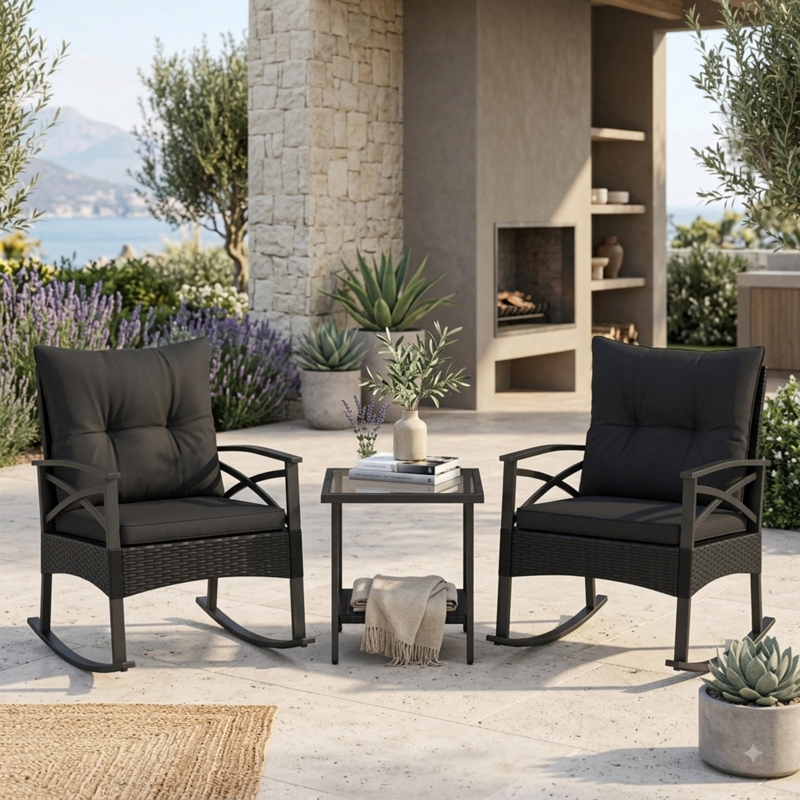 Furnibear Outdoor Rocking Chair for Lawn Patio Backyard Outdoor Metal 100 lbs Capacity Black Weather-Resistant Outdoor Furniture
